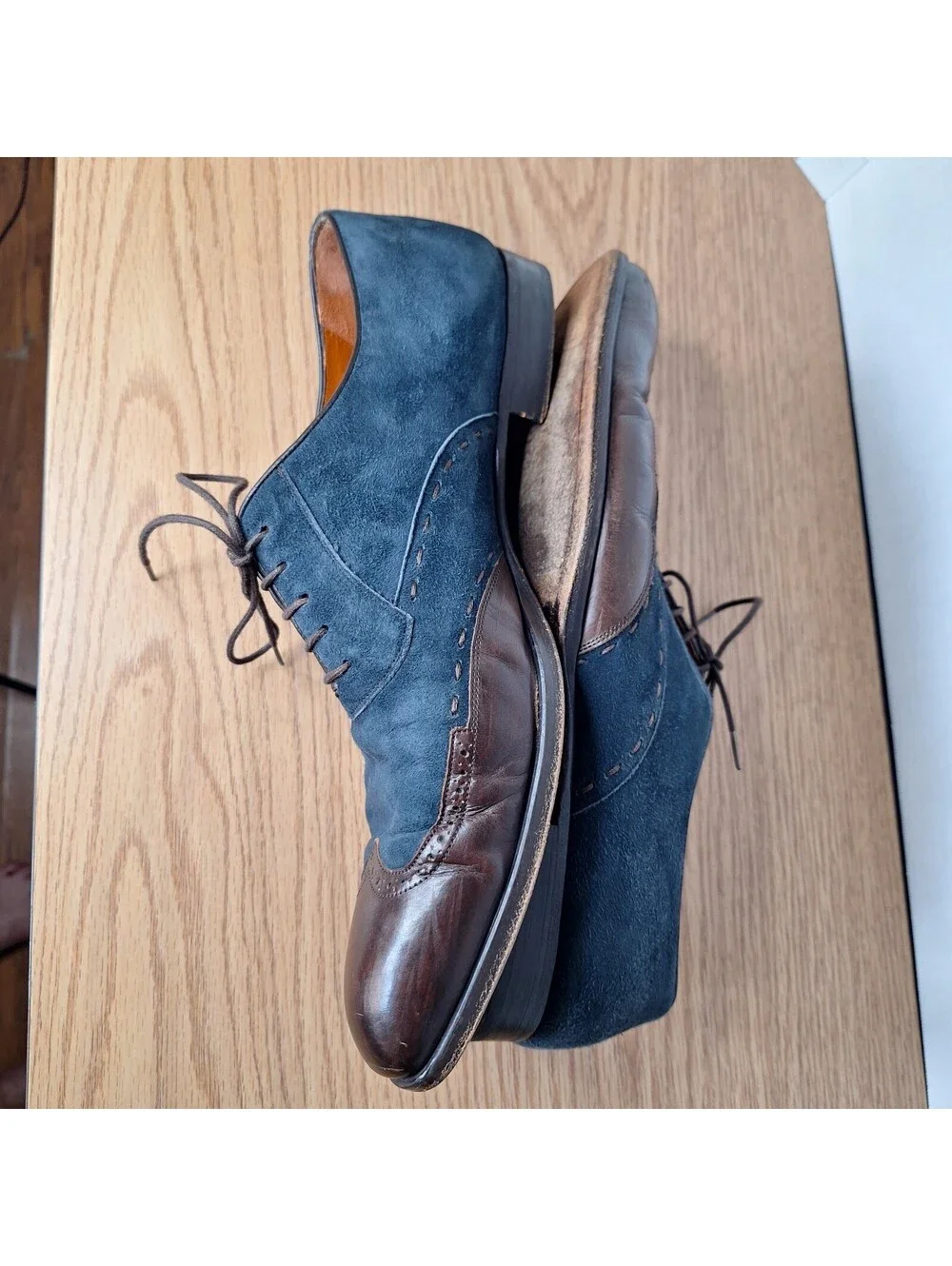MEZLAN Men's 10.5 M Blue Suede Brown Leather Wingtip Oxford Dress Shoes Spain